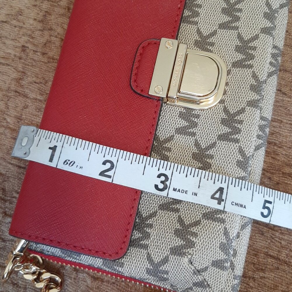 Michael Kors Bridgette Red & Tan MK Logo Print Wallet on Crossbody Strap - Picture 12 of 14
